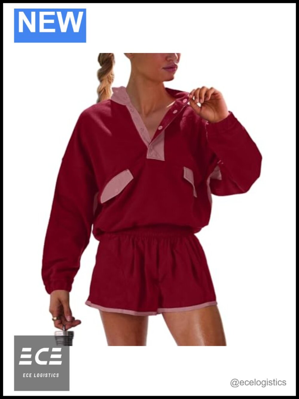 Womens Two Piece Lounge Set Long Sleeve Pullover & Shorts with Pockets